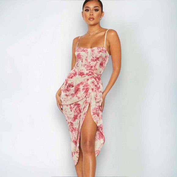 Pretty Little Thing Fuschia Tie Die Ruched Side Midi Skirt Size 4 - Picture 6 of 6